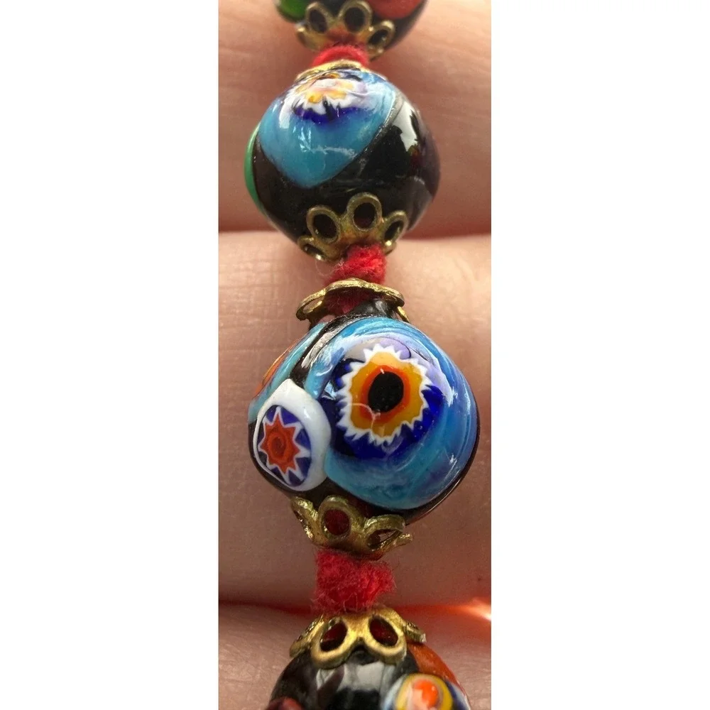 Vintage Venetian Millefiori Necklace Glass Beads Hand Knotted  Barrel Clasp 17